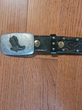 Men's Black Studded Leather Western Belt with Cowboy Boot Buckle (C02)